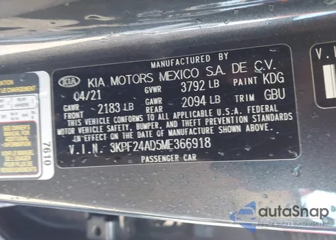 2021 Kia Forte Lxs из США, поврежденный, VIN 3KPF24AD5ME366918